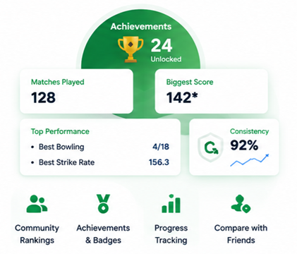 Your Cricket Journey card with achievements, score, and community tracking